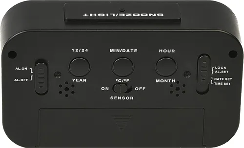 Miniatura 2 de RCA Reloj despertador portátil con sensor automático de luz nocturna, brillo ajustable, pantalla de temperatura interior, calendario completo