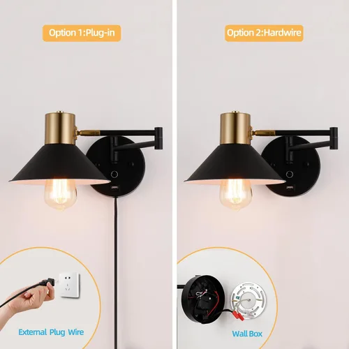 Miniatura 6 de Lámpara de Pared con Brazo Oscilante Enchufable, Apliques de Pared Ajustables, Luz de Lectura Industrial Vintage, Luz de Montaje en Pared junto a