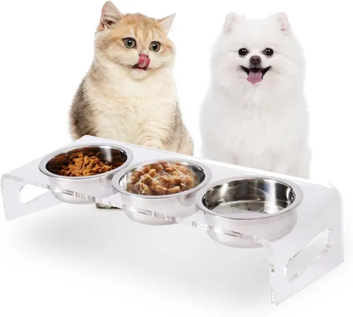 Miniatura 7 de Cuencos elevados inclinados para alimentos y agua para gatos o perros pequeños, soporte para 3 platos de acrílico transparente para cachorros