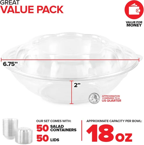 Miniatura 2 de Stock Your Home Cuencos de Ensalada de Plástico Transparente de 18 oz con Tapas Desechables (Paquete de 50) Mini Recipiente para Llevar con Tapa a