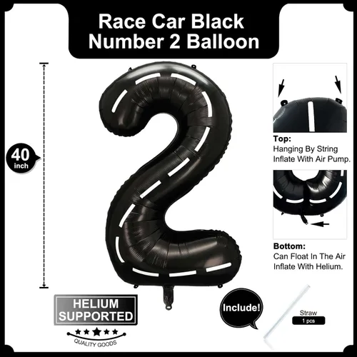 Miniatura 2 de Globo negro número 2 de 40 pulgadas, globos de helio de tereftalato de polietileno de gran tamaño para niños, 2º auto de carreras, camión monstruo