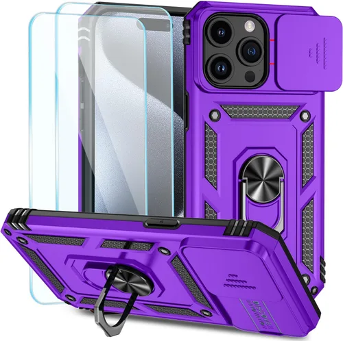 Miniatura 14 de SunStory Funda compatible con iPhone 15 con protector de pantalla HD, cubierta de cámara deslizante y soporte de anillo giratorio, [grado militar]