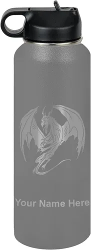 Miniatura 35 de LaserGram Botella de agua con tapa abatible de doble pared de 12 onzas con pajilla, dragón, grabado personalizado incluido (negro)