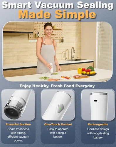 Miniatura 4 de Sellador al vacío compacto para alimentos, máquina selladora al vacío portátil con 30 bolsas reutilizables para conservación y blanco fresco