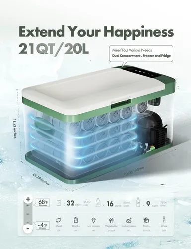 Miniatura 2 de A-Premium Refrigerador portátil de 12 voltios 21QT/20.1L para auto, enfriador con congelador portátil de enfriamiento rápido -4°F~68°F con 12/24V DC