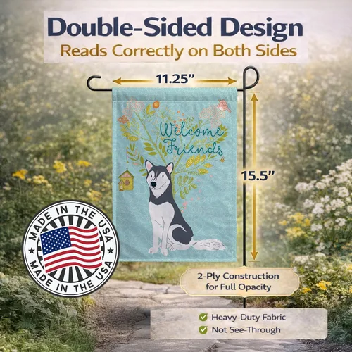Miniatura 4 de Caroline's Treasures BB7594GF Bandera de jardín de Husky siberiano con texto en inglés "Welcome Friends" - Bandera decorativa para patio exterior