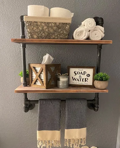 Estante industrial de tubería para baño, estantes de pared montados en la pared, 2 niveles de 19.6 pulgadas de madera rústica, decoración flotante