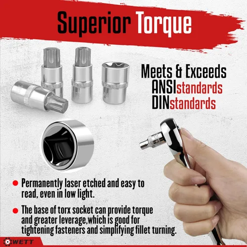 Miniatura 6 de WETT Master Torx Bit Socket y Juego de Enchufe Torx Externo, Juego de 60 Piezas de 1/4", 3/8", 1/2" de Unidades de Enchufes de Broca E-Torx