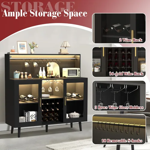 Miniatura 5 de MAGIC UNION Gabinete de bar de vinos con luz LED, barra de café para licor, gabinete de alcohol con estante de vidrio y estantes de vino extraíbles