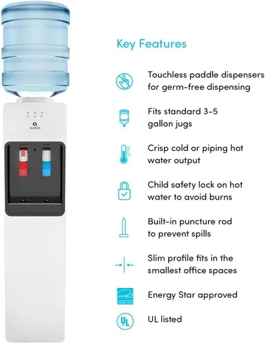 Miniatura 8 de Avalon despachador/refrigerador de agua con carga superior – Agua fría y caliente, con seguridad para niños, diseño innovador. Capacidad