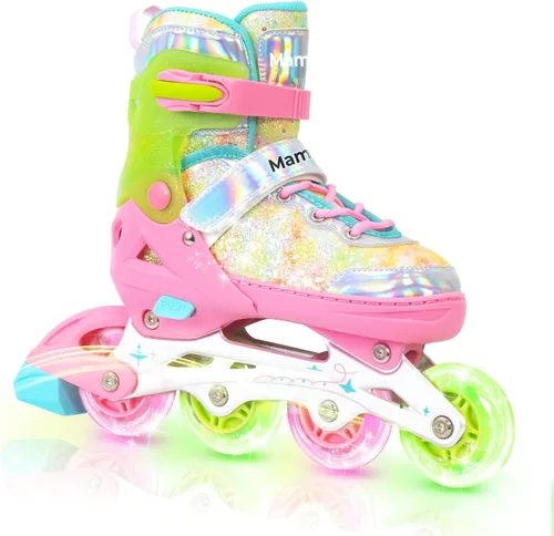 Miniatura 10 de Mammygol Patines en línea para niñas y niños, 4 tamaños ajustables para niñas de 3 a 12 años con ruedas iluminadas y protección de seguridad, regalo