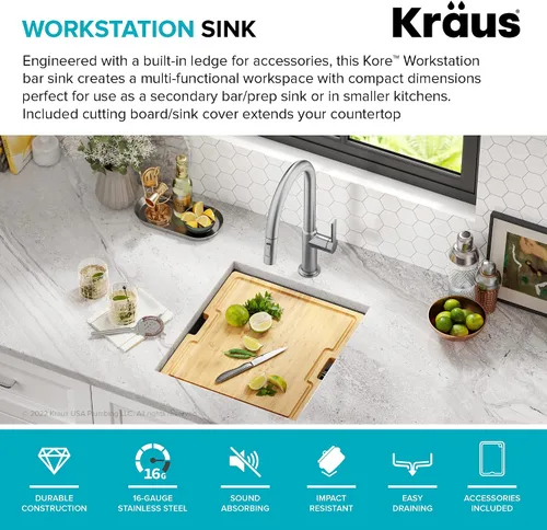 Miniatura 4 de KRAUS Kore KWU1101-17-PGM - Fregadero de cocina con estación de trabajo de 17 pulgadas con cuenco individual en PVD, de acero inoxidable de calibre