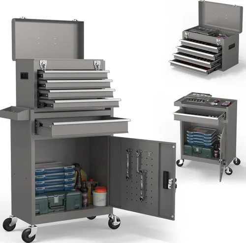 Miniatura 8 de Cofre de herramientas de 5 cajones, caja de herramientas rodante 2 en 1 con ruedas y cajones, caja de herramientas de almacenamiento desmontable