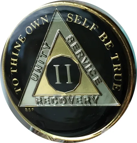 Miniatura 4 de Blue Star Press 2 años Classic Black AA Medallion Sobriety Chip Tri Plate chapado en oro y níquel