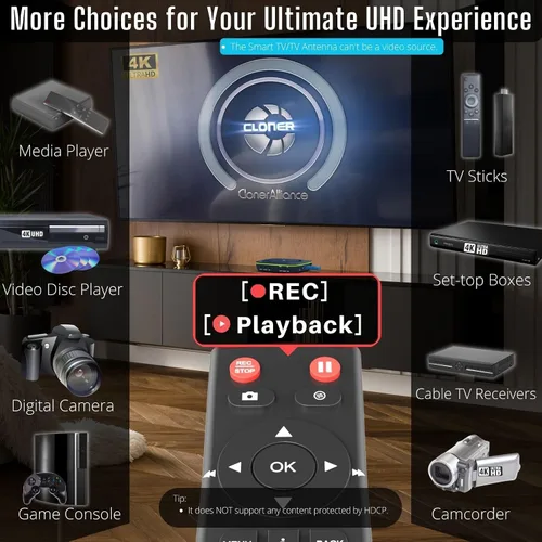 Miniatura 3 de ClonerAlliance UHD Pro, grabadora de video 4K, DVR de captura HDMI con códec H.265/H.264, grabación cinemática de 4K a 24 fps (hasta 4K @30 fps),