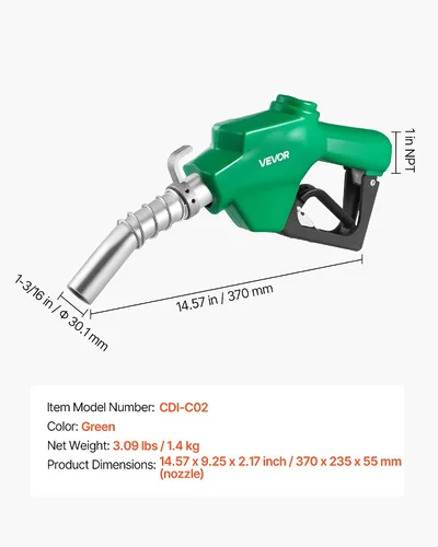 Miniatura 7 de VEVOR - Boquilla de combustible automática de 1 pulgada NPT, tasa de flujo máxima de 21.6 GPM, boquilla de bomba de gasolina diesel con apagado