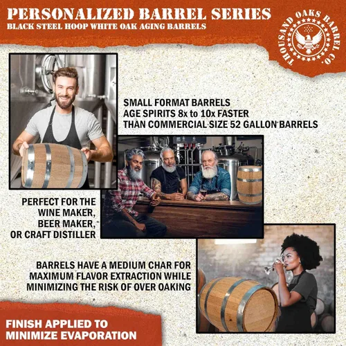 Miniatura 6 de Barril de roble personalizado de 5 galones para la elaboración de vino (20 litros) con soporte de madera, Bung y espita - Barril de vino de roble