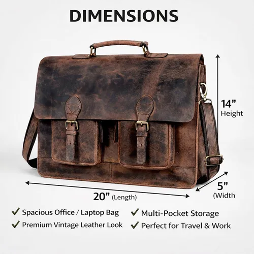 Miniatura 3 de cuero Bolso de mensajero retro marrón para computadora portátil, maletín de oficina, bolsa de viaje cruzada para hombres y mujeres, bolsa de oficina
