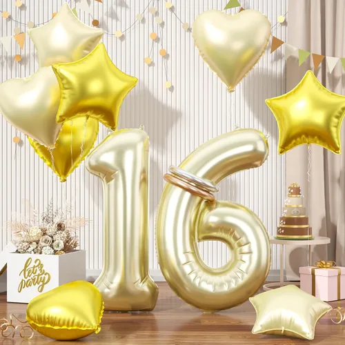 Miniatura 70 de Globos dorados de color champán con el número 11, globos de oro claro, globo de aluminio dorado con forma de corazón con estrella y globo largo