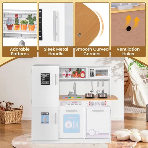 Miniatura 7 de HONEY JOY Juego de cocina para niños, cocina de madera de pequeño chef de simulación con pizarra, gran gabinete de almacenamiento, estufa, grifo