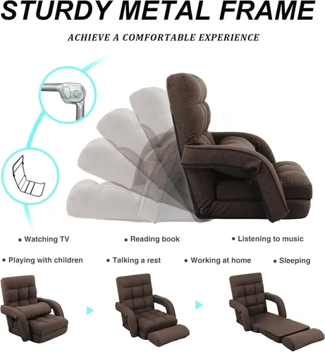 Miniatura 3 de Silla de suelo ajustable para adultos con apoyo trasero, sofá plegable de 5 posiciones con almohada, silla de juegos y meditación con tela