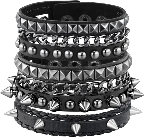 Miniatura 13 de Eigso Pulseras de cuero punk para hombres y mujeres, estilo retro de los años 80, hematita y rock, juego de pulseras de metal ajustables para hombre