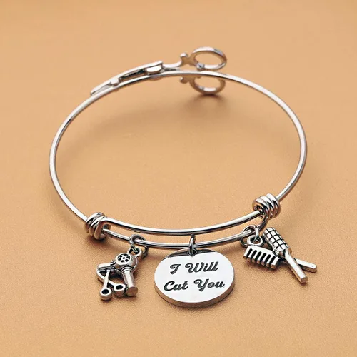 Miniatura 3 de HOLLP Pulsera extensible para peluquería para estilista de peluquería, regalo con texto en inglés "I Will Cut You", joyería de peluquería con peine