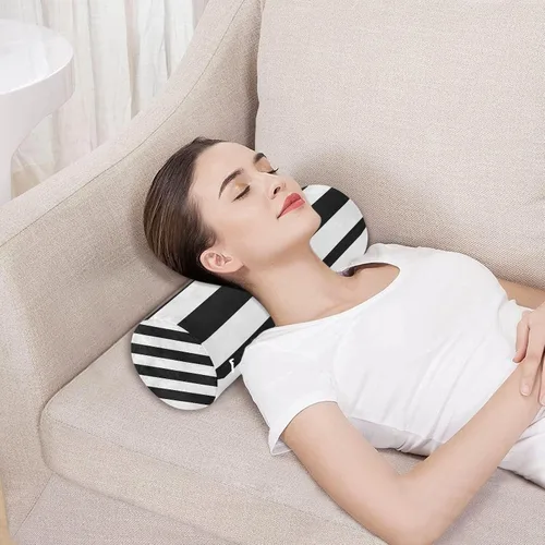 Miniatura 5 de Almohada redonda con funda a rayas blancas y negras para el cuello, almohada cervical, soporte de cuello de espuma viscoelástica para dormir