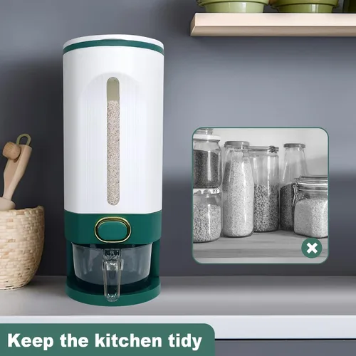 Miniatura 6 de LUOKER Dispensador de arroz, almacenamiento de arroz de 25 libras con taza medidora, recipiente de arroz blanco y verde con un solo toque
