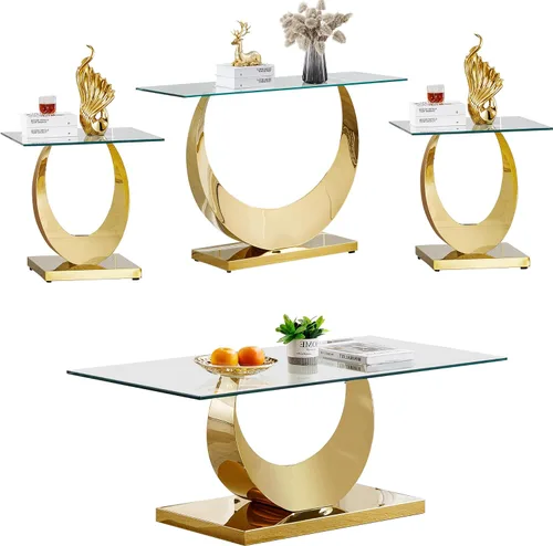 Miniatura 21 de SSLine Mesa auxiliar de cristal de lujo para sala de estar, mesa auxiliar moderna dorada con base de pedestal de acero inoxidable en forma de flor