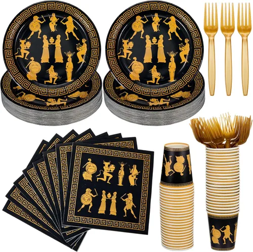 Vesici 96 piezas de suministros de fiesta de mitología griega para 24 invitados, platos, vasos, servilletas y tenedores inspirados en la antigua