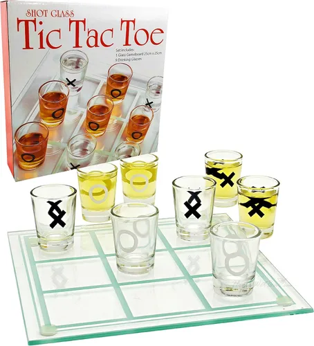 Matty's Toy Stop Tic-Tac-Toe, juego de beber tres en una fila con 9 vasos de chupito y tablero de juego de vidrio (10 x 10 pulgadas)