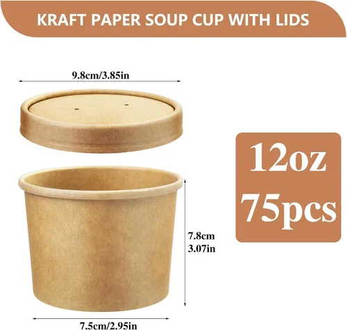 Miniatura 2 de Paquete de 75 recipientes de papel de 12 onzas con tapas ventiladas, tazas de sopa desechables, tazas de helado de papel, cuencos de sopa