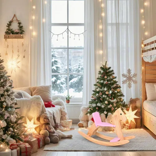 Miniatura 7 de Caballo mecedor de madera para bebé, juguete para niños pequeños, diseño clásico con pedal y respaldo seguro para niños pequeños (rosa)