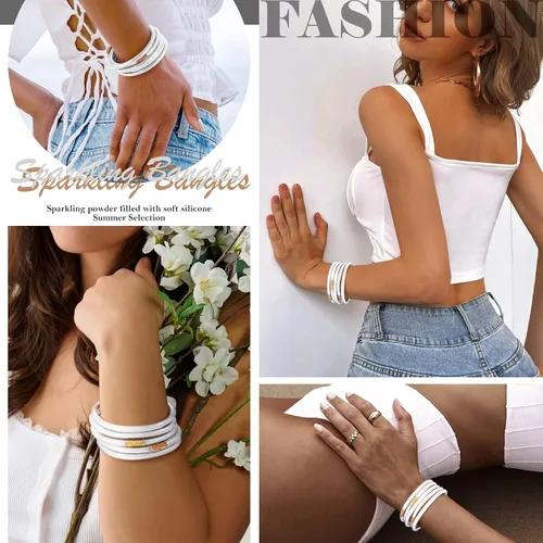 Miniatura 3 de MJartoria - Juego de pulseras de gelatina con purpurina Pulseras de silicona con relleno de gelatina y purpurina para mujeres