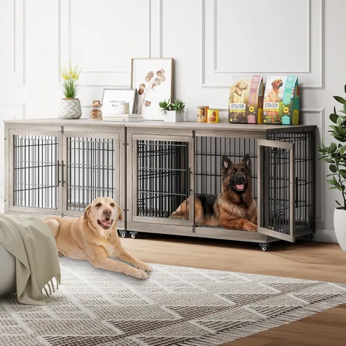 Miniatura 25 de YaFiti Mueble de jaula para perros con cojín, perrera de madera para interiores con puertas dobles, jaula para perros con ruedas, mesa auxiliar