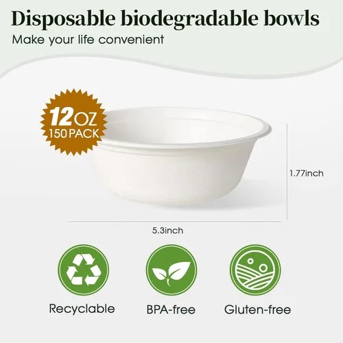 Miniatura 2 de ECOLipak Paquete de 150 cuencos de papel desechables de 12 onzas, cuencos biodegradables compostables de alta resistencia, hechos de bagazo natural