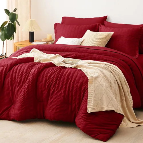 Miniatura 35 de CozyLux Juego de ropa de cama con edredón tamaño King Beige Seersucker de 7 piezas, juego de cama en una bolsa, con edredón, sábanas, fundas
