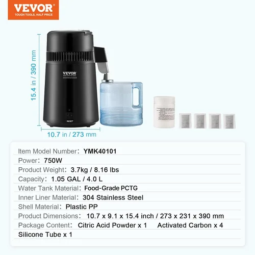 Miniatura 7 de VEVOR Destilador de agua, destilación de agua pura de 4 l/1.05 galones para encimera del hogar, máquina de agua destilada de 750 W, destilador