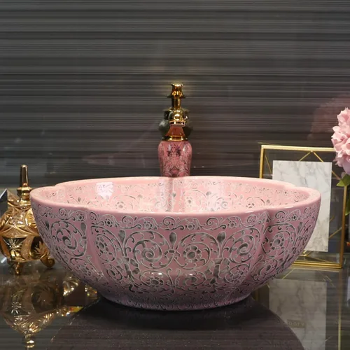 Miniatura 2 de Fregaderos de baño estilo sureste asiático en color rosa, fregadero de cerámica artística para encimera de tocador, sobre encimera plateado