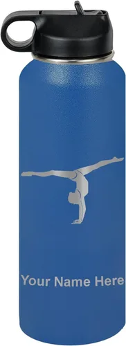 Miniatura 23 de LaserGram Botella de agua personalizada, gimnasta niña, acero inoxidable de doble pared aislada al vacío con popote superior, regalo grabado Azul
