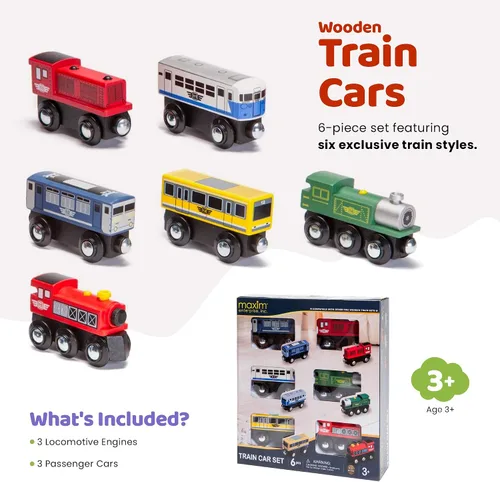 Miniatura 4 de Maxim Enterprise Juego de 6 vagones de tren de madera – Locomotora/tren clásico rodante motores compatibles con Thomas Wooden Railway, Brio y otros