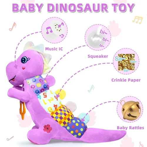 Miniatura 3 de Juguetes Musicales de Peluche de Dinosaurio Bebé para 0-3-6-9-12 Meses, Juguetes de Dinosaurio para Tiempo Boca Abajo de Bebés con Papel de Sonido