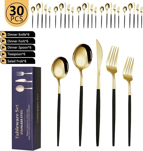 Miniatura 9 de Kawlity Cubiertos de acero inoxidable duraderos negros y dorados pulidos, cucharas, tenedores, 30 piezas, utensilios de mesa, para cocina