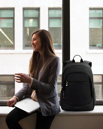 Miniatura 6 de LIGHT FLIGHT Mochila de viaje para mujer, mochila para laptop de 15.6 pulgadas con orificio de carga USB, resistente al agua, mochila negra de gran