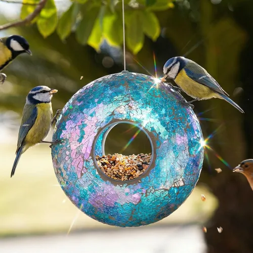 Miniatura 2 de Comedero para pájaros, redondo a prueba de ardillas, diseño de vidrio colgante con vuelo, comedero grande en forma de corona, patrones de mosaico