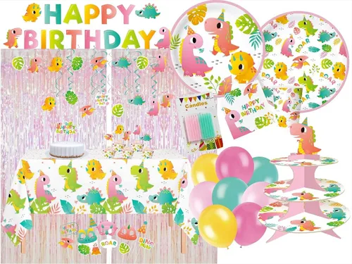 Oojami Suministros de fiesta de dinosaurios para 24 - Juego de decoraciones de cumpleaños para niñas