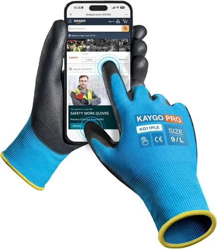 Miniatura 14 de KAYGO KG11PB - Guantes de seguridad con revestimiento delgado de poliuretano, tejido sin costuras, agarre suave en palma y dedos, para trabajo Verde