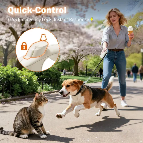 Miniatura 5 de OUTRUN Correa retráctil para perro de 16.5 pies para caminar hasta 55 libras, cinta de nailon fuerte sin enredos, bloqueo de freno resistente