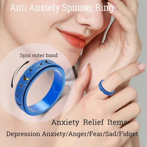 Miniatura 4 de OreilleStar Anillo de ansiedad para mujer, anillo giratorio de acero inoxidable, juguetes para ansiedad para adultos, luna y estrella, azul, tamaño 8